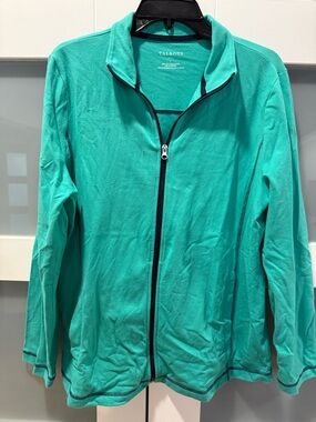 Talbots Women's Teal Blue and Navy Trim Full-Zip Jacket Sweatshirt Size Large